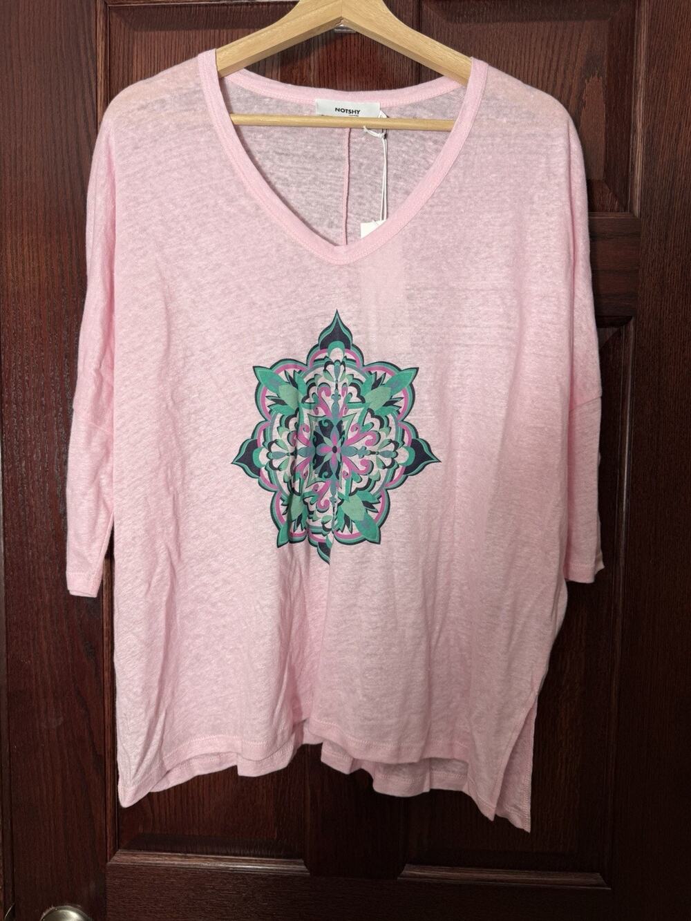 Notshy Top Linen Women’s S/M Oversized Boho Print Short Sleeve Pink Loose Tee